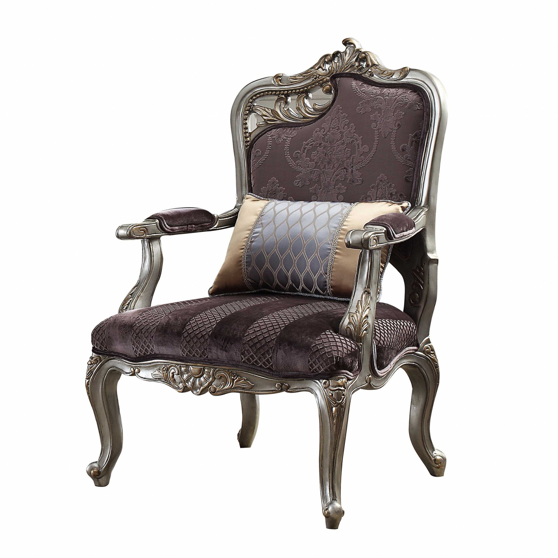 Velvet Antique Platinum Finish Chair With Pillow By Homeroots - 347268 | Accent Chairs | Modishstore