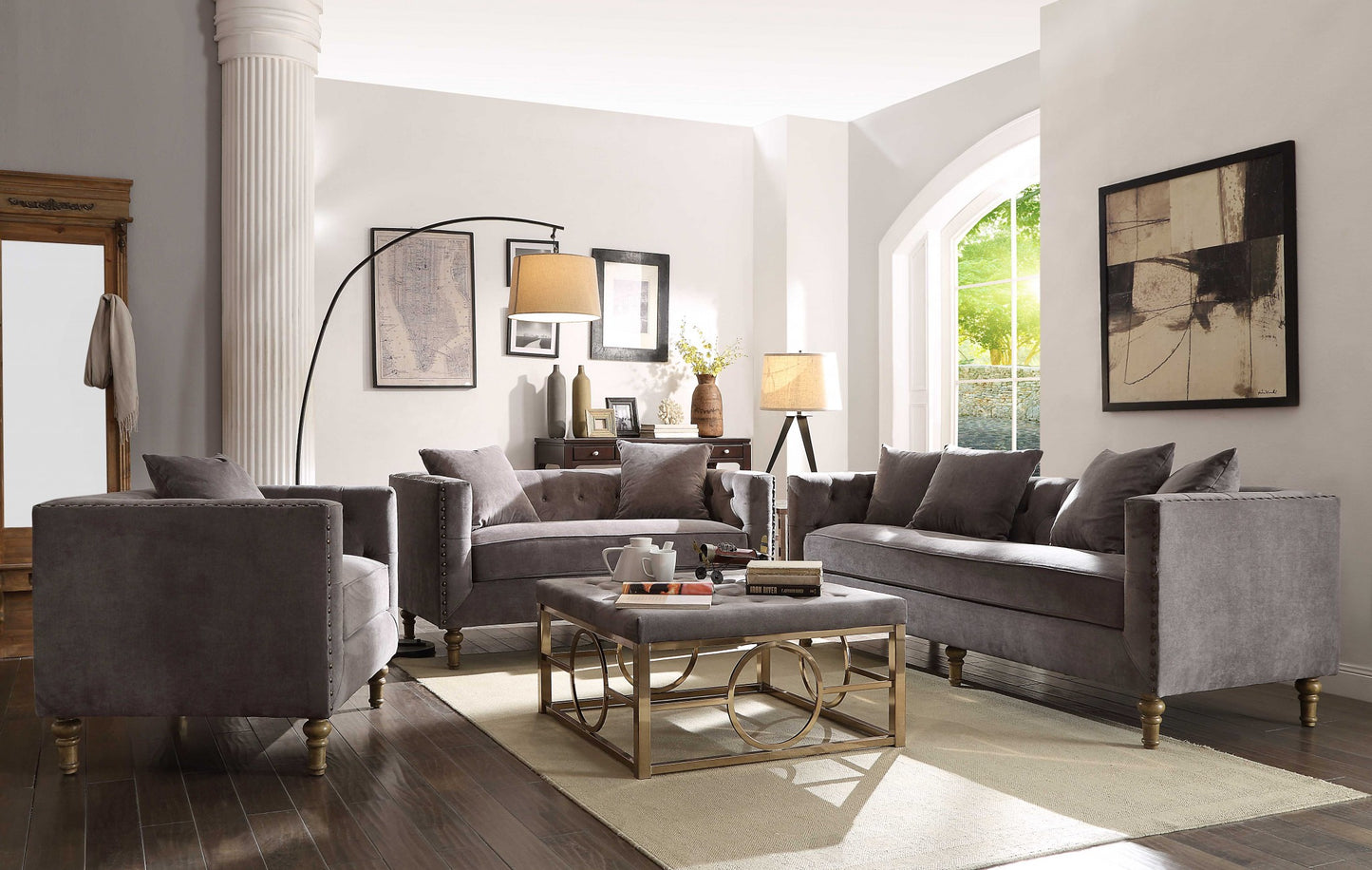 Gray Velvet Upholstery Sofa w Pillows By Homeroots | Sofas | Modishstore - 2