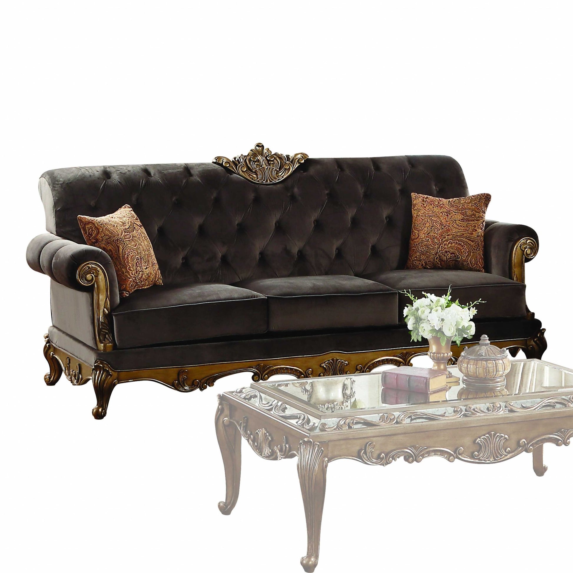 Charcoal Fabric Antique Gold Upholstery Wood LegBase Sofa w Pillows By Homeroots | Sofas | Modishstore