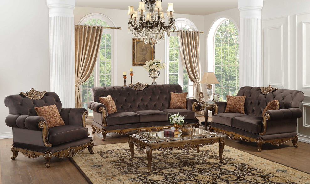 Charcoal Fabric Antique Gold Upholstery Wood LegBase Sofa w Pillows By Homeroots | Sofas | Modishstore - 2