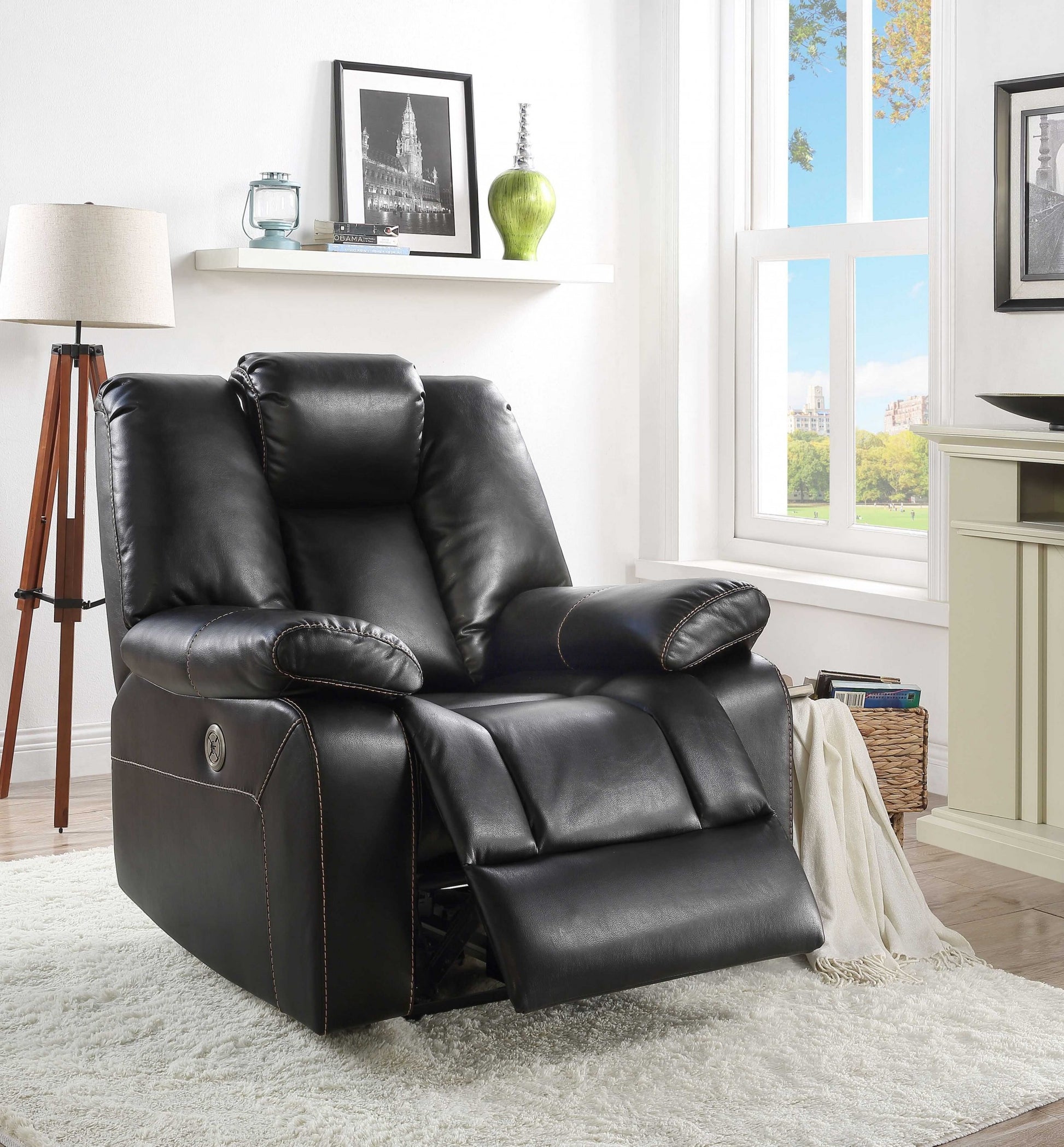 Black Leather-Aire Upholstery Recliner (Power Motion) By Homeroots | Recliners | Modishstore - 2