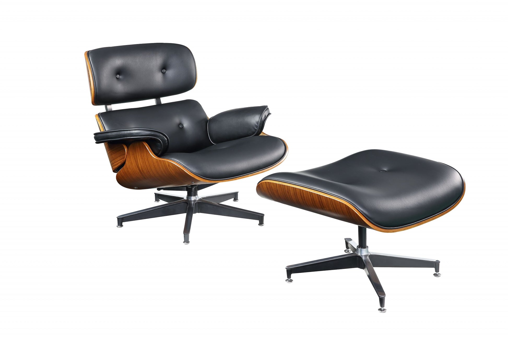 Black Bonded Leather Walnut Wood Upholstered (Seat) Aluminum Base Chair & Ottoman By Homeroots - 347296 | Accent Chairs | Modishstore