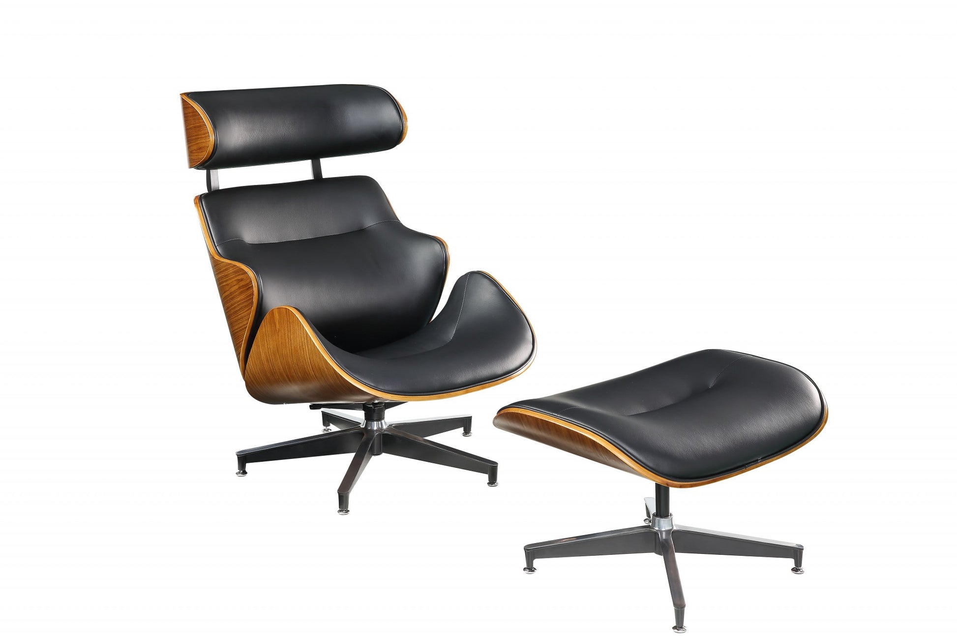 Black Bonded Leather Walnut Wood Upholstered (Seat) Aluminum Base Chair & Ottoman By Homeroots - 347297 | Accent Chairs | Modishstore