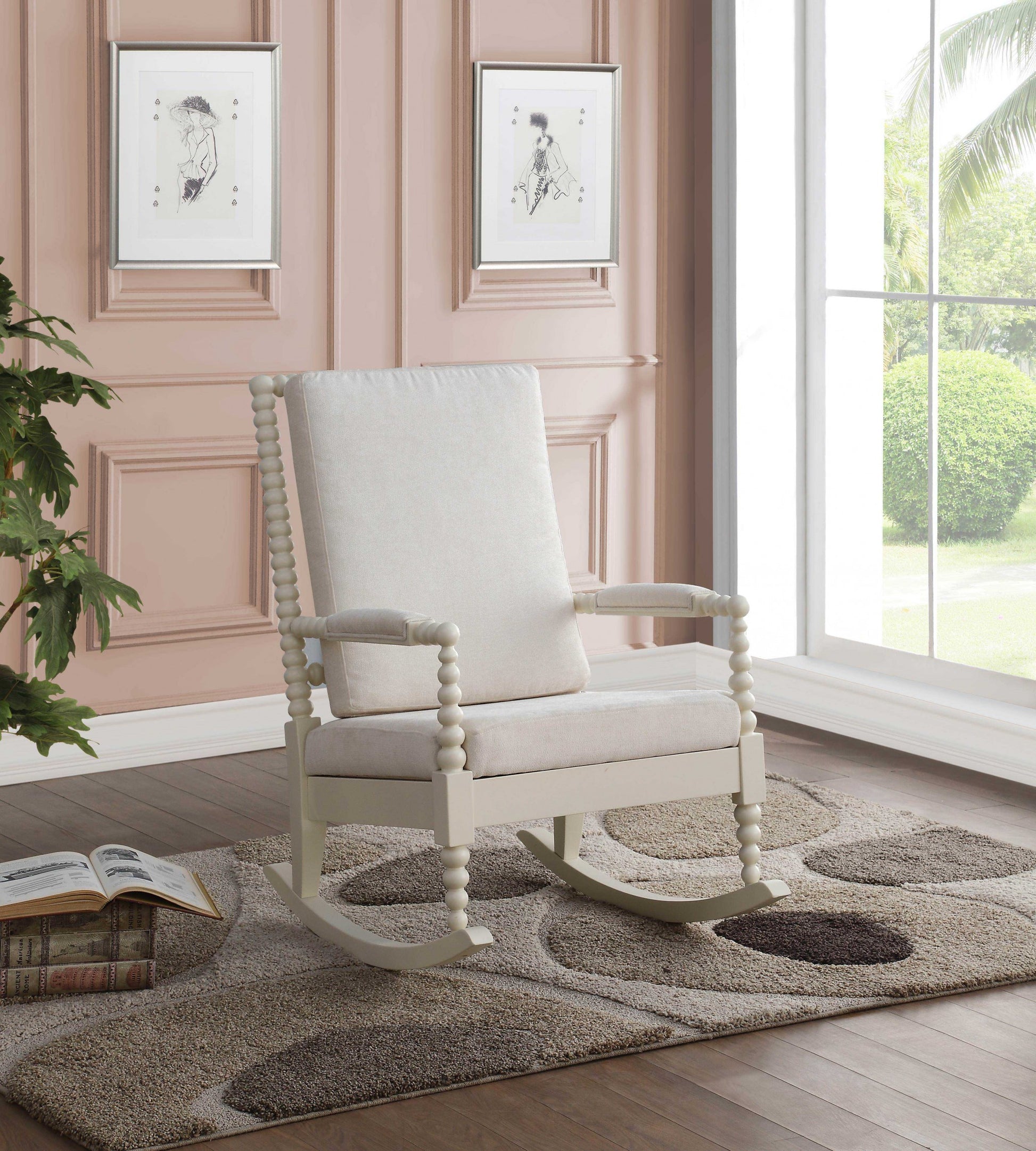 Cream Fabric White Wood Upholstered (Seat) Rocking Chair By Homeroots | Rocking Chairs | Modishstore - 2