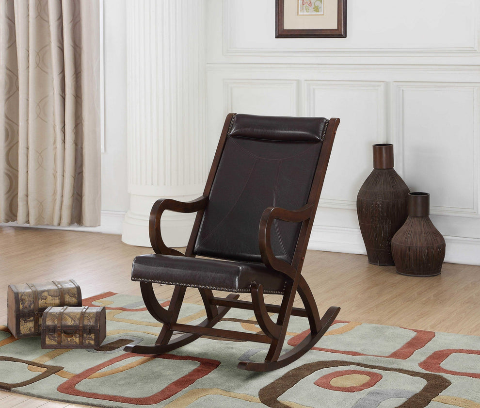 Espresso Brown Faux Leather with Walnut Finish Rocking Chair By Homeroots | Rocking Chairs | Modishstore - 2