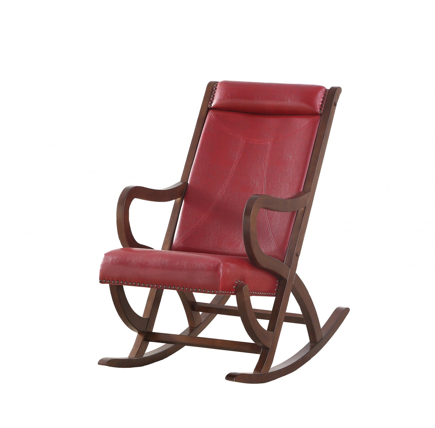 Burgundy PU Walnut Wood Upholstered (Seat) Rocking Chair By Homeroots | Rocking Chairs | Modishstore