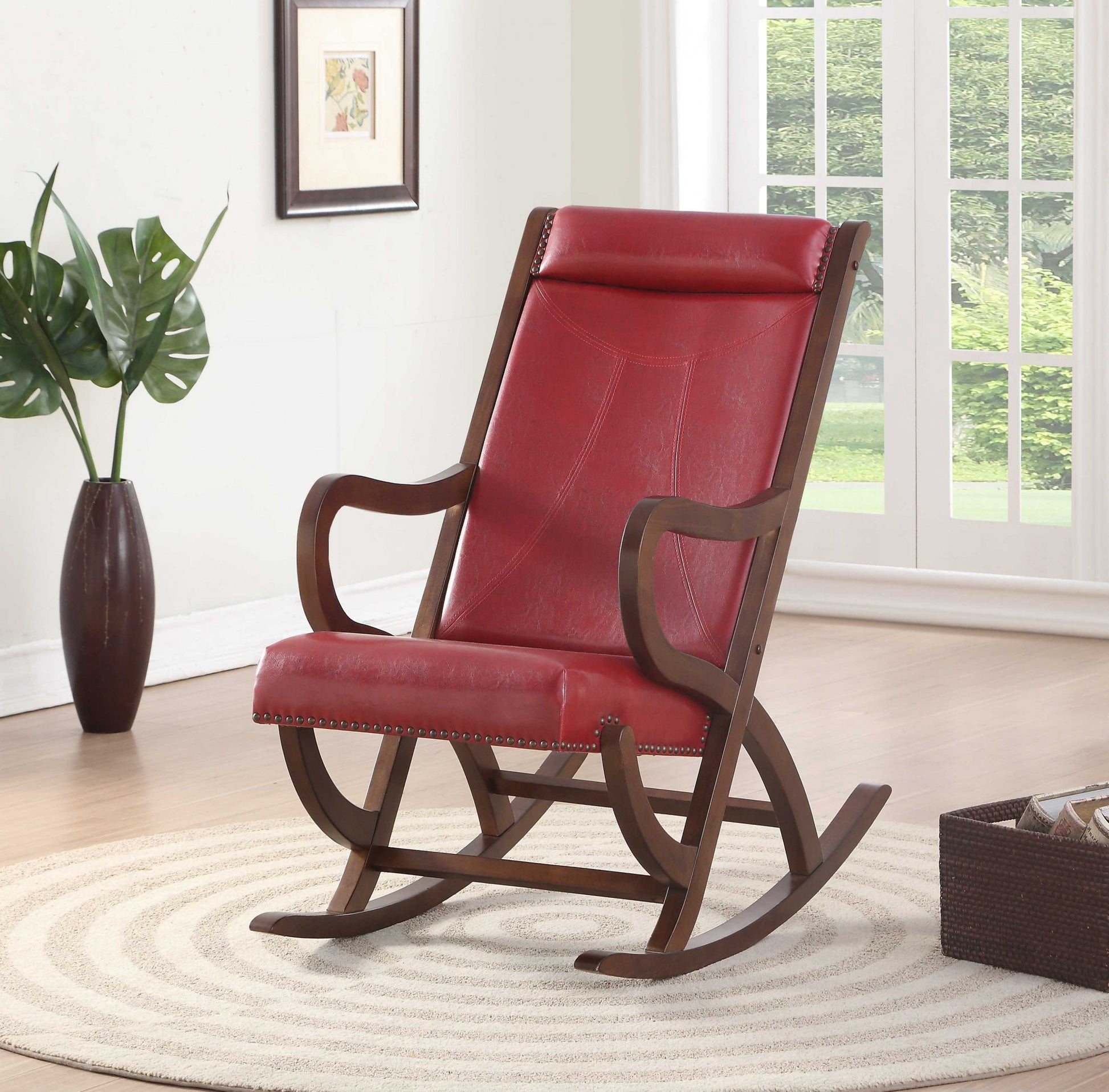 Burgundy PU Walnut Wood Upholstered (Seat) Rocking Chair By Homeroots | Rocking Chairs | Modishstore - 2