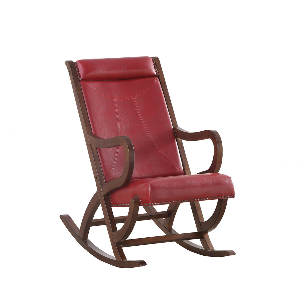 Burgundy PU Walnut Wood Upholstered (Seat) Rocking Chair By Homeroots | Rocking Chairs | Modishstore - 3