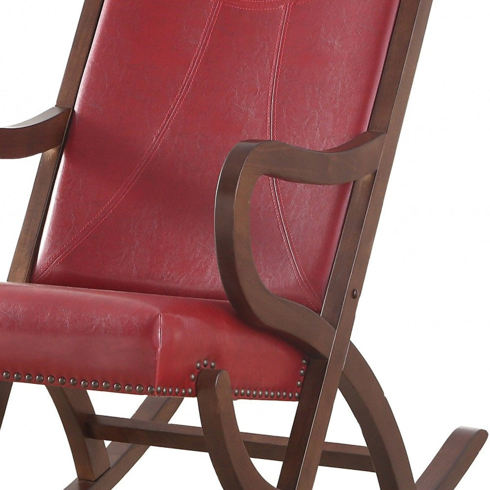 Burgundy PU Walnut Wood Upholstered (Seat) Rocking Chair By Homeroots | Rocking Chairs | Modishstore - 5