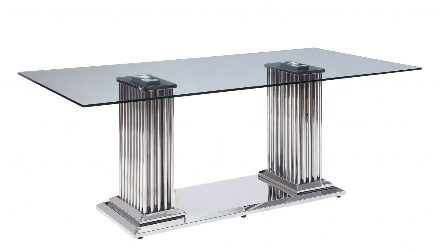 Stainless Steel Clear Glass Mirror Dining Table Wdouble Pedestal By Homeroots | Dining Tables | Modishstore