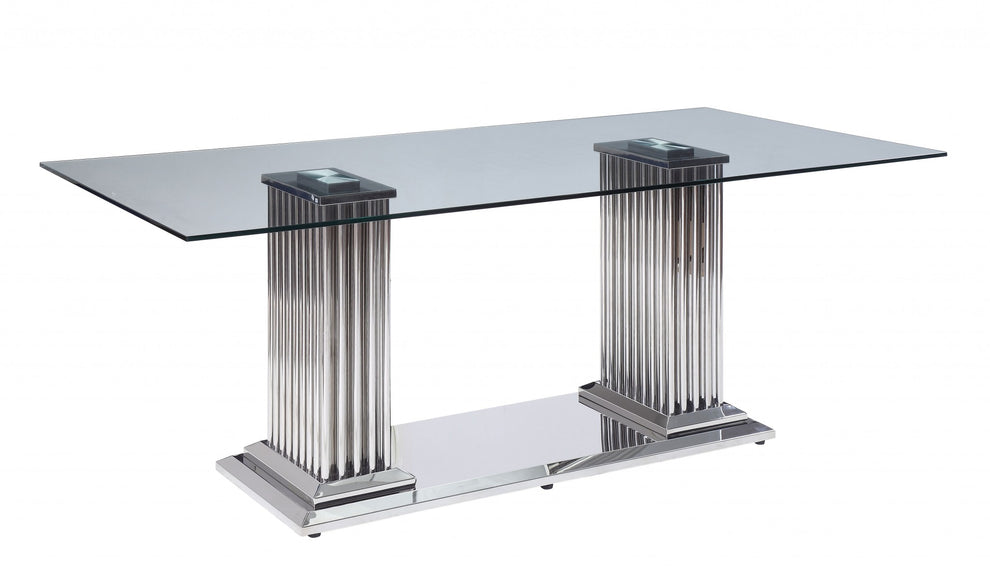 Stainless Steel Clear Glass Mirror Dining Table Wdouble Pedestal By Homeroots | Dining Tables | Modishstore - 2