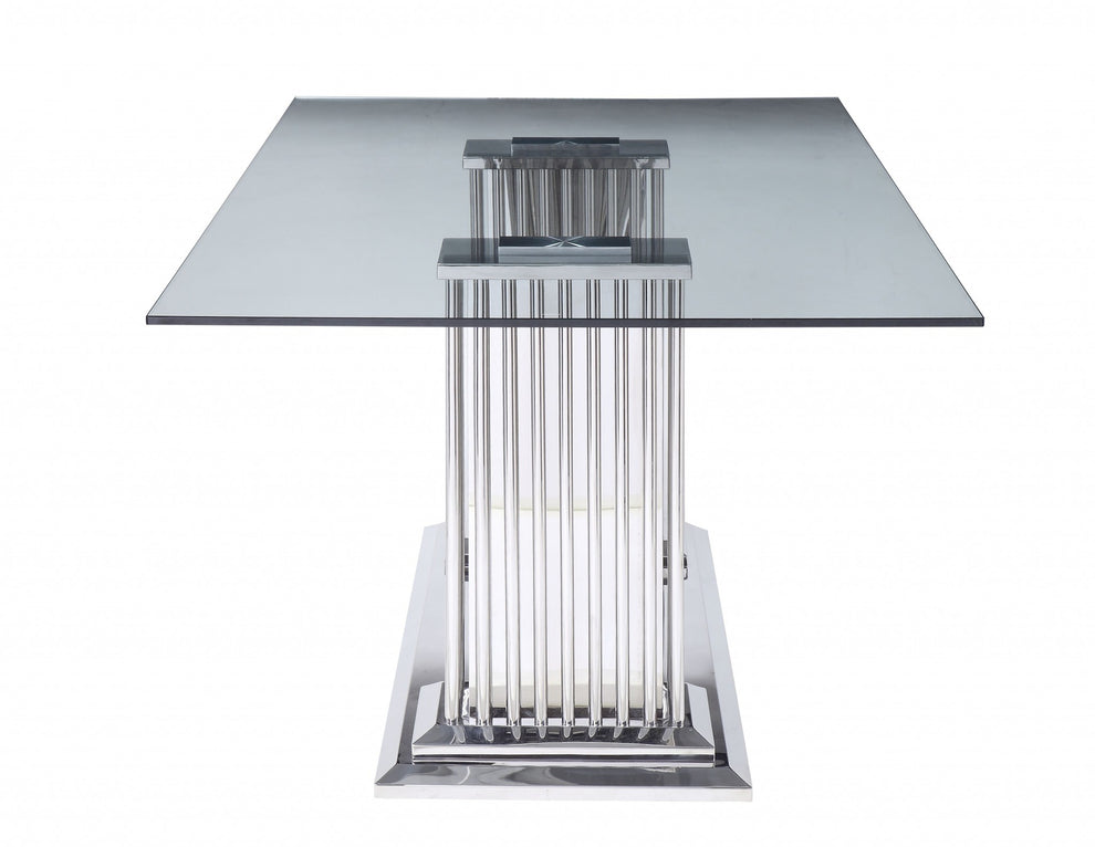 Stainless Steel Clear Glass Mirror Dining Table Wdouble Pedestal By Homeroots | Dining Tables | Modishstore - 3