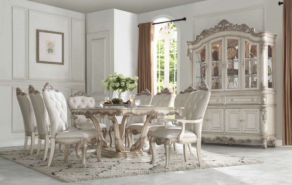 Antique White Wood Dining Table Wpedestal By Homeroots | Dining Tables | Modishstore - 2