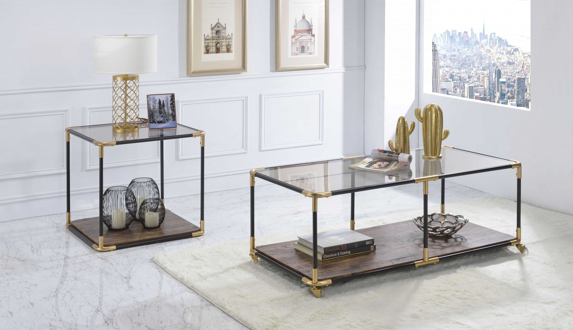 BlackGold Smoky Glass Metal Wood Veneer (Paper) End Table By Homeroots | End Tables | Modishstore - 2