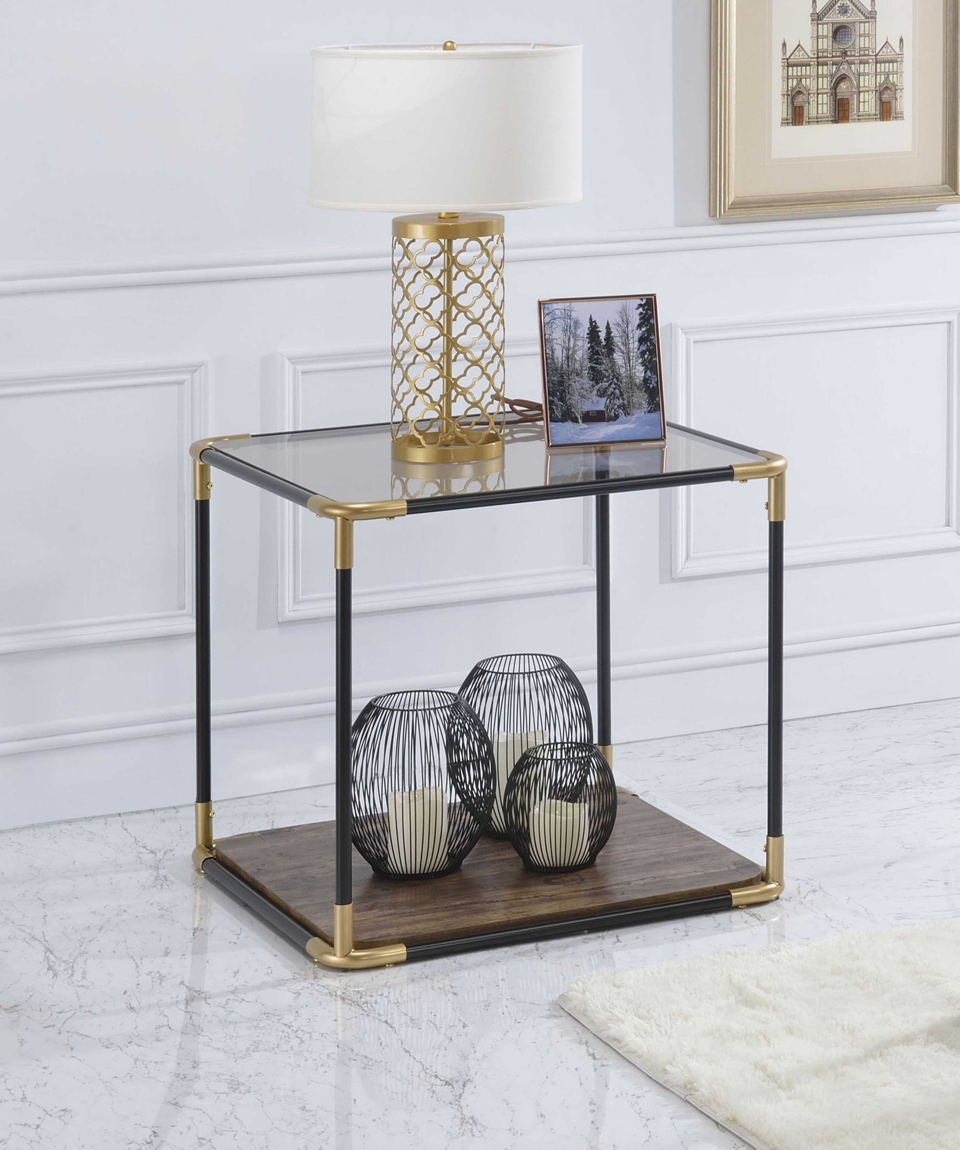 BlackGold Smoky Glass Metal Wood Veneer (Paper) End Table By Homeroots | End Tables | Modishstore - 3