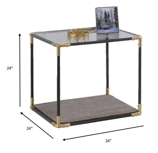 BlackGold Smoky Glass Metal Wood Veneer (Paper) End Table By Homeroots | End Tables | Modishstore - 4