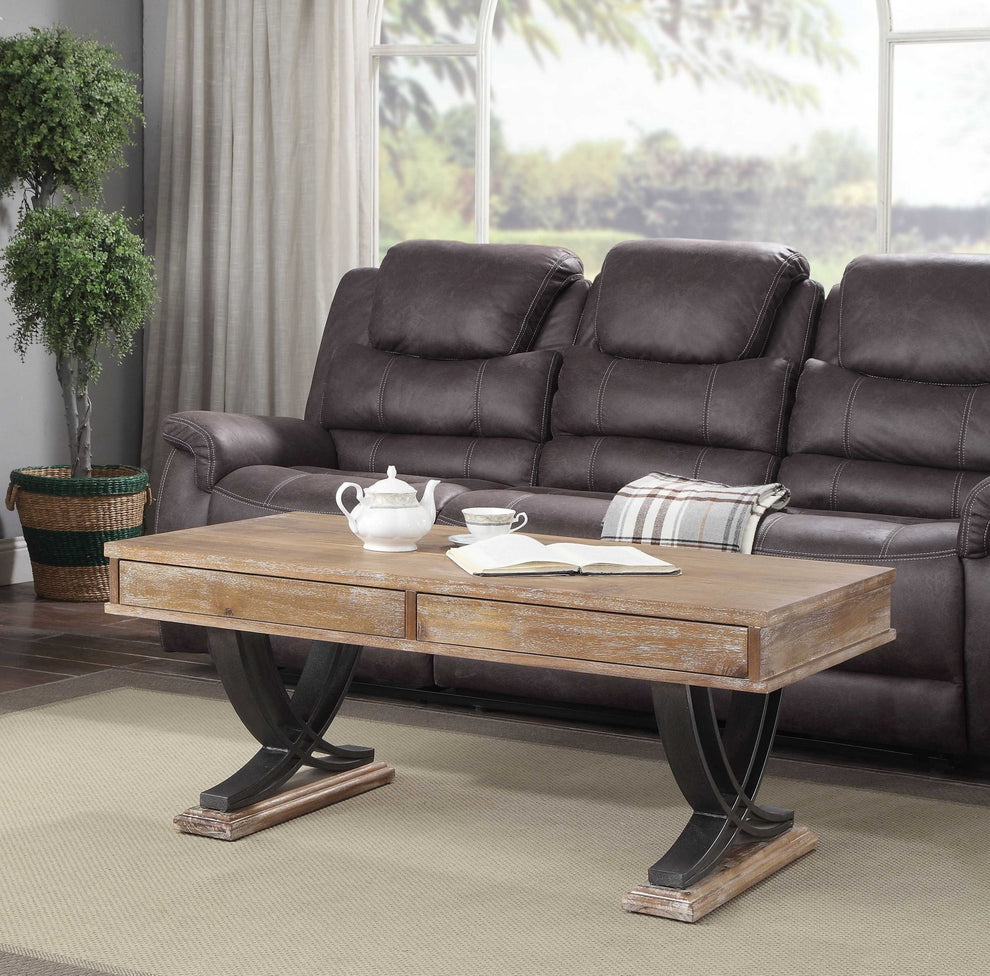 Industrial Style Antiqued Oak Finish Coffee Table with Black Accents By Homeroots | Coffee Tables | Modishstore - 2