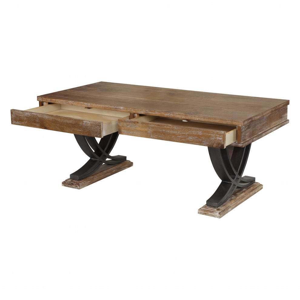 Industrial Style Antiqued Oak Finish Coffee Table with Black Accents By Homeroots | Coffee Tables | Modishstore - 3