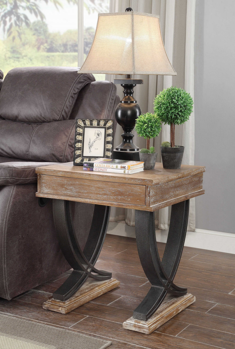 Antique Oak Black Wood Metal End Table By Homeroots | End Tables | Modishstore - 2