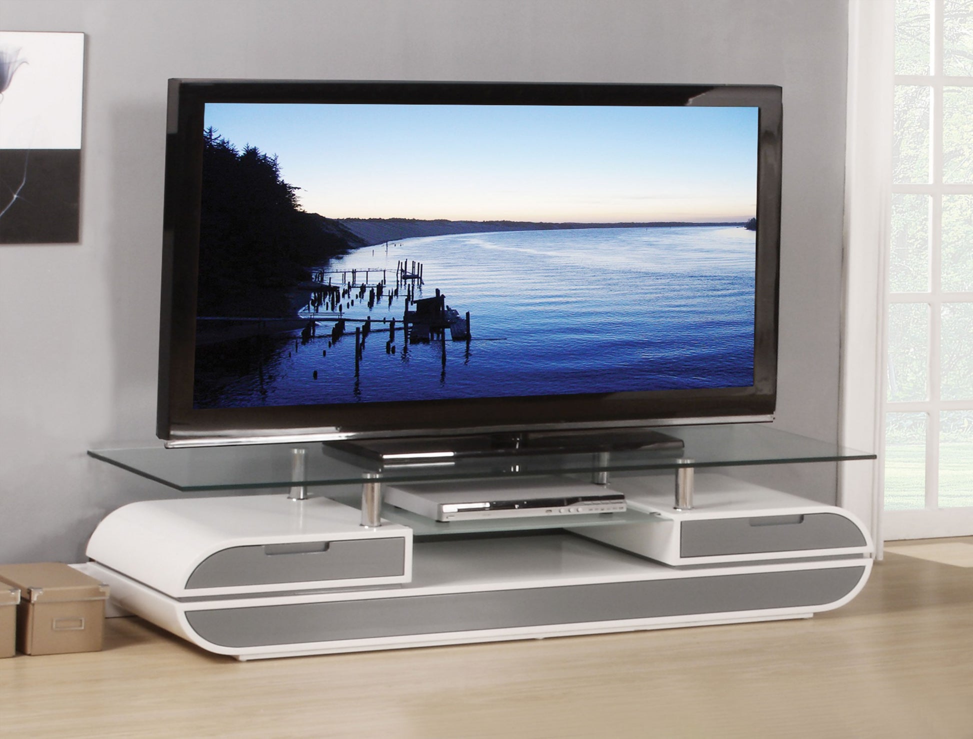 White Gray Wood Glass Metal Veneer TV Stand By Homeroots | TV Stands | Modishstore - 2