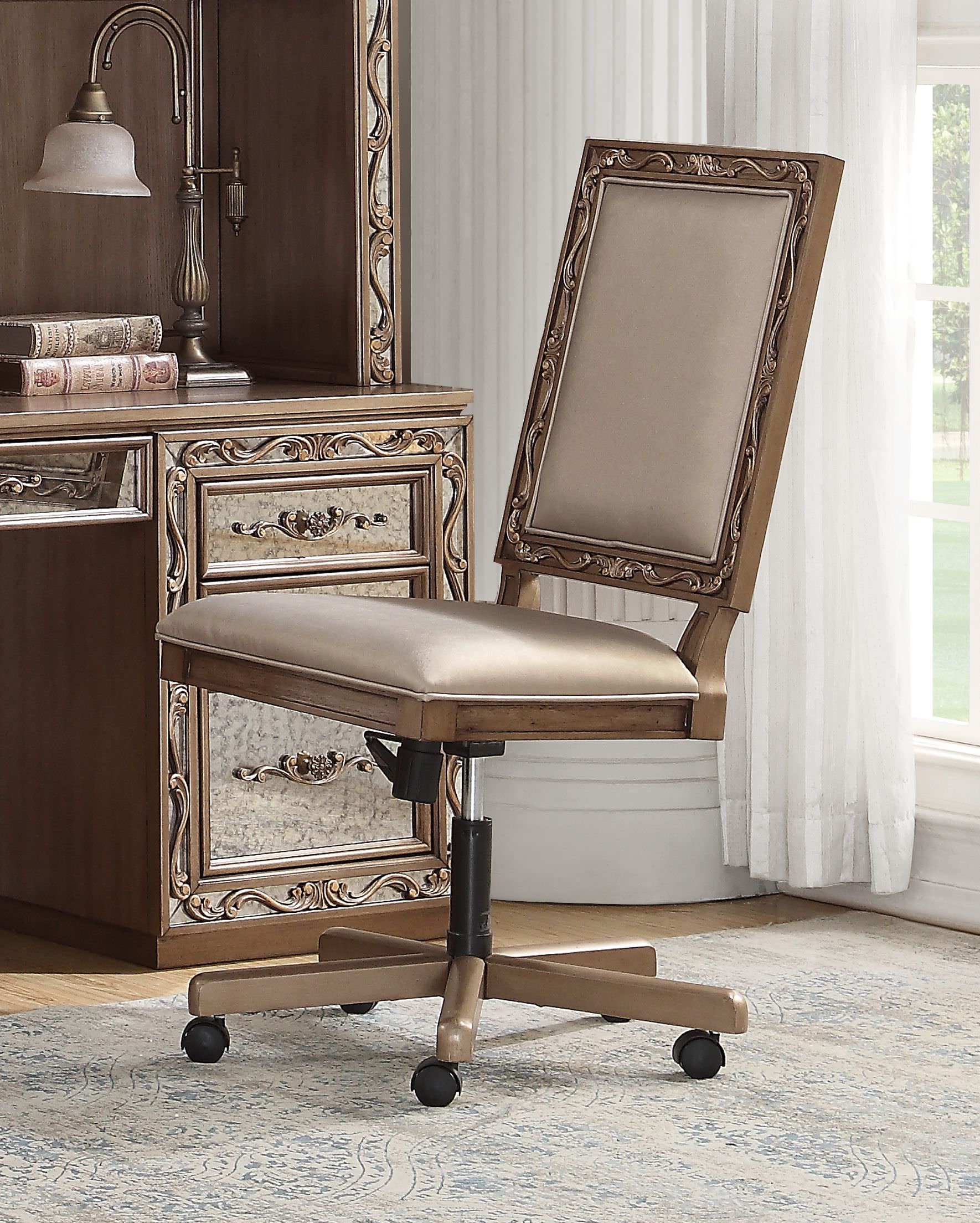 Champagne Fau Leather Upholstered (Seat) and Antique Gold Wood Eecutive Office Chair By Homeroots | Office Chairs | Modishstore