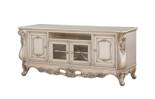 Antique White Wood Glass Poly-Resin TV Stand By Homeroots | TV Stands | Modishstore