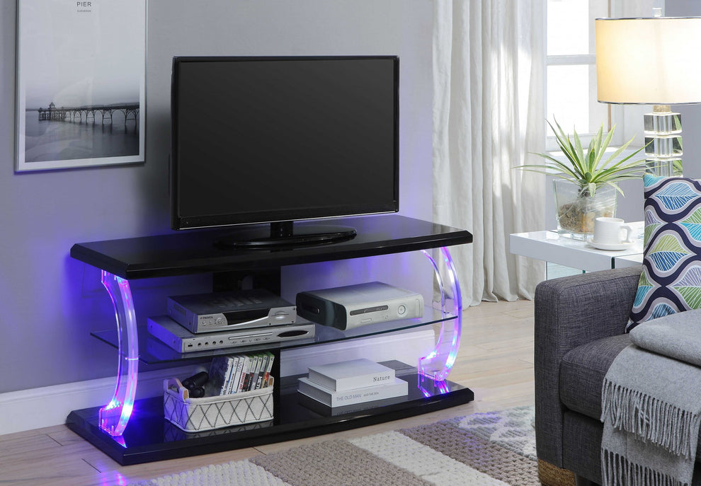 Black Clear Glass Wood Glass Veneer (Melamine) TV Stand (LED) By Homeroots | TV Stands | Modishstore - 3