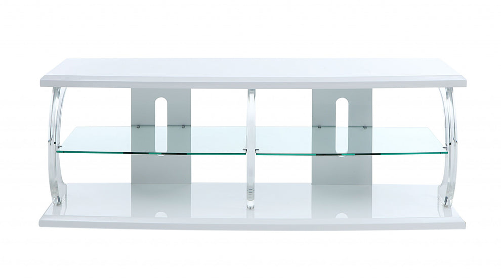 White Clear Glass Wood Veneer (Melamine) TV Stand (LED) By Homeroots | TV Stands | Modishstore - 3
