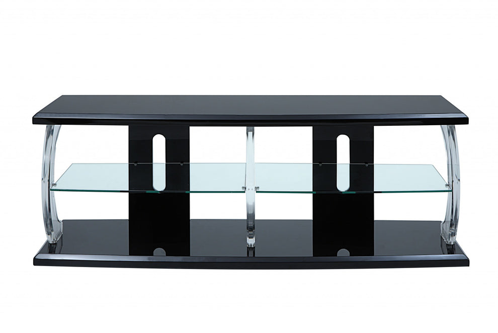 Black Clear Glass Wood Veneer (Melamine) TV Stand (LED) By Homeroots | TV Stands | Modishstore - 3