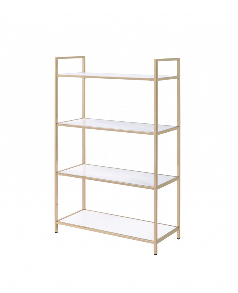 White High Gloss Gold Metal Wood Bookshelf By Homeroots | Shelves & Shelving Units | Modishstore