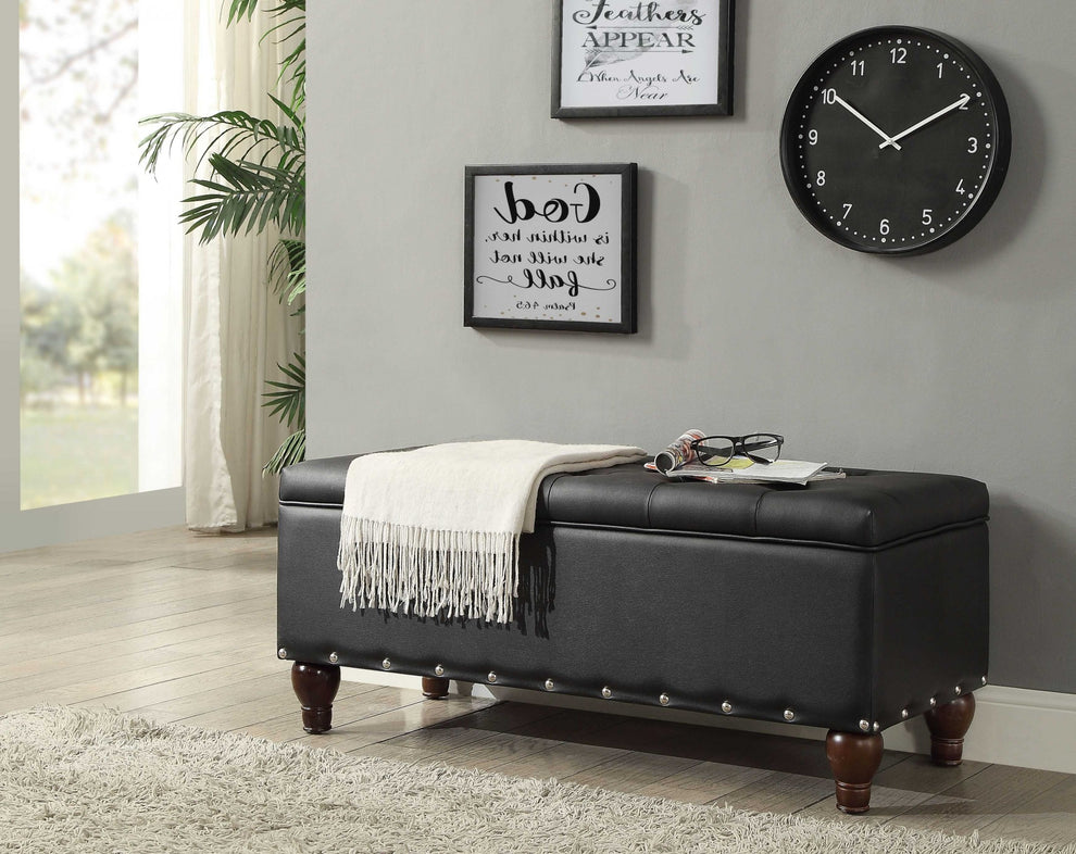 Black PU Upholstery Wood Leg Bench wStorage By Homeroots | Benches | Modishstore - 2