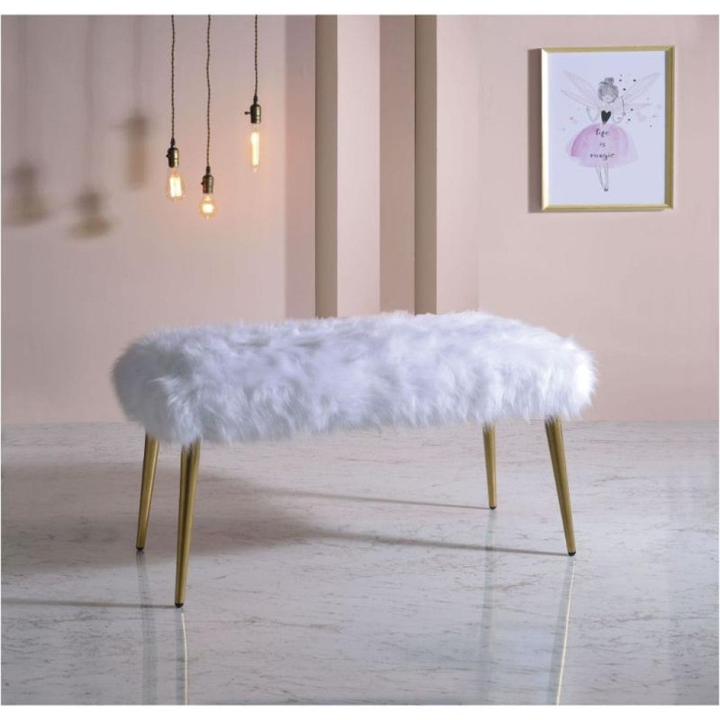 White FauFur Gold Metal Upholstered Seat Bench By Homeroots | Benches | Modishstore - 2