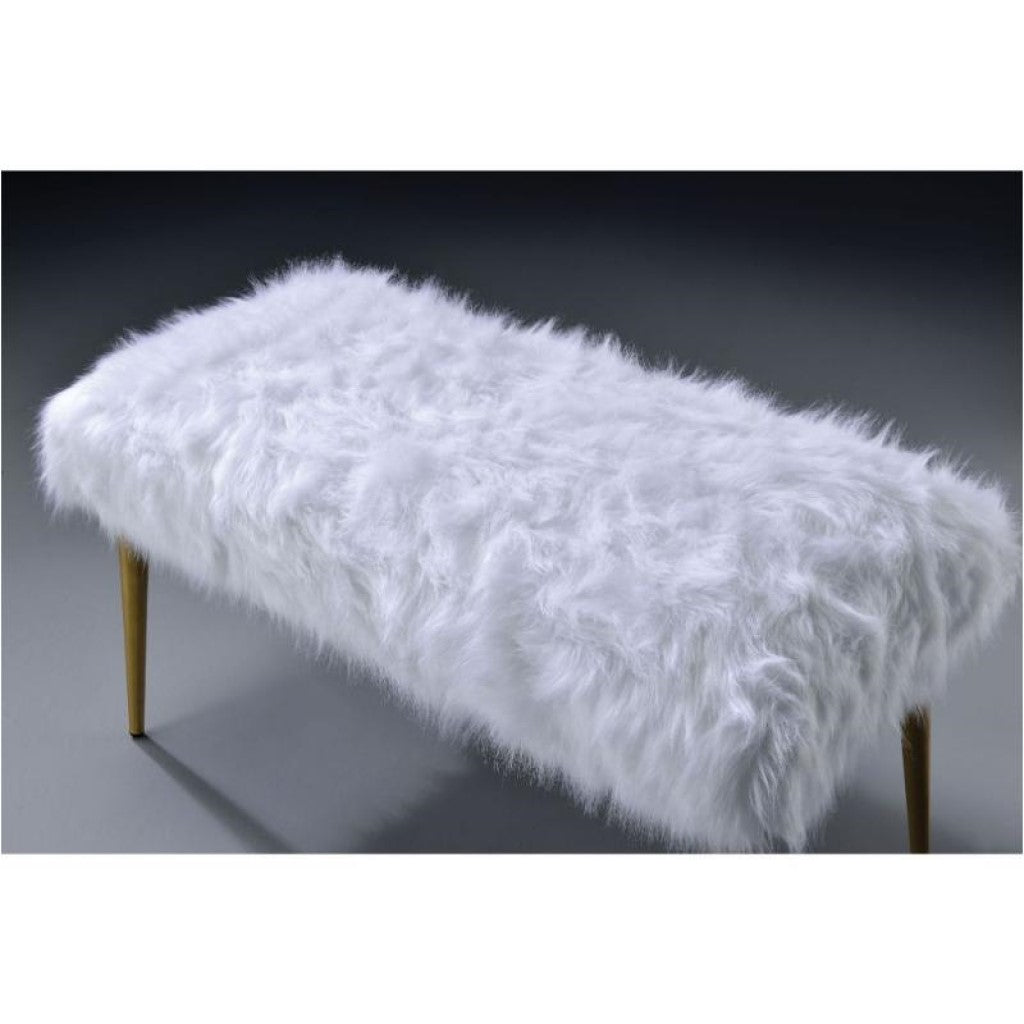 White FauFur Gold Metal Upholstered Seat Bench By Homeroots | Benches | Modishstore - 3