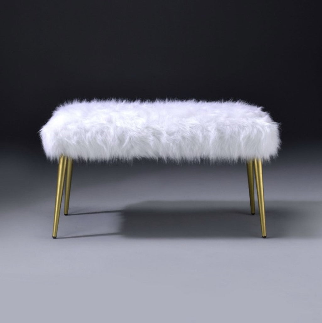 White FauFur Gold Metal Upholstered Seat Bench By Homeroots | Benches | Modishstore - 4