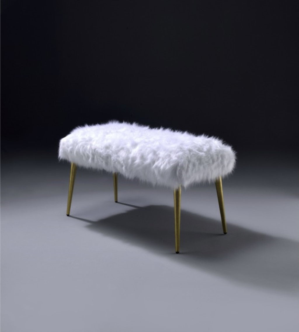 White FauFur Gold Metal Upholstered Seat Bench By Homeroots | Benches | Modishstore - 5