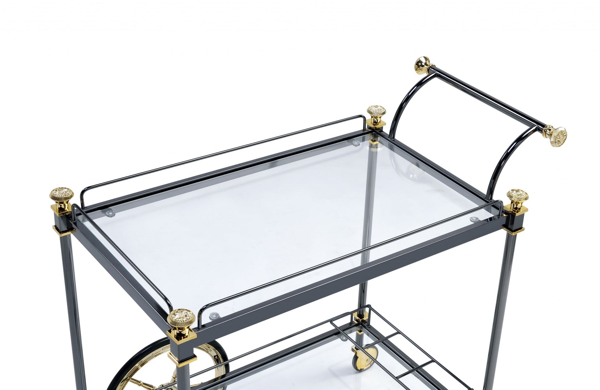 Black Gold Clear Glass Metal Casters Serving Cart By Homeroots | Bar Carts | Modishstore - 2