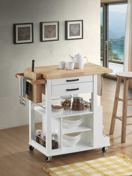 Natural White Wood Casters Kitchen Cart By Homeroots | Bar Carts | Modishstore - 2
