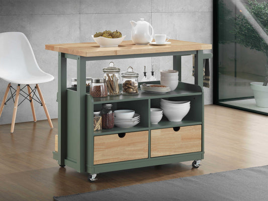 Natural Green Wood Casters Kitchen Cart By Homeroots | Bar Carts | Modishstore - 2