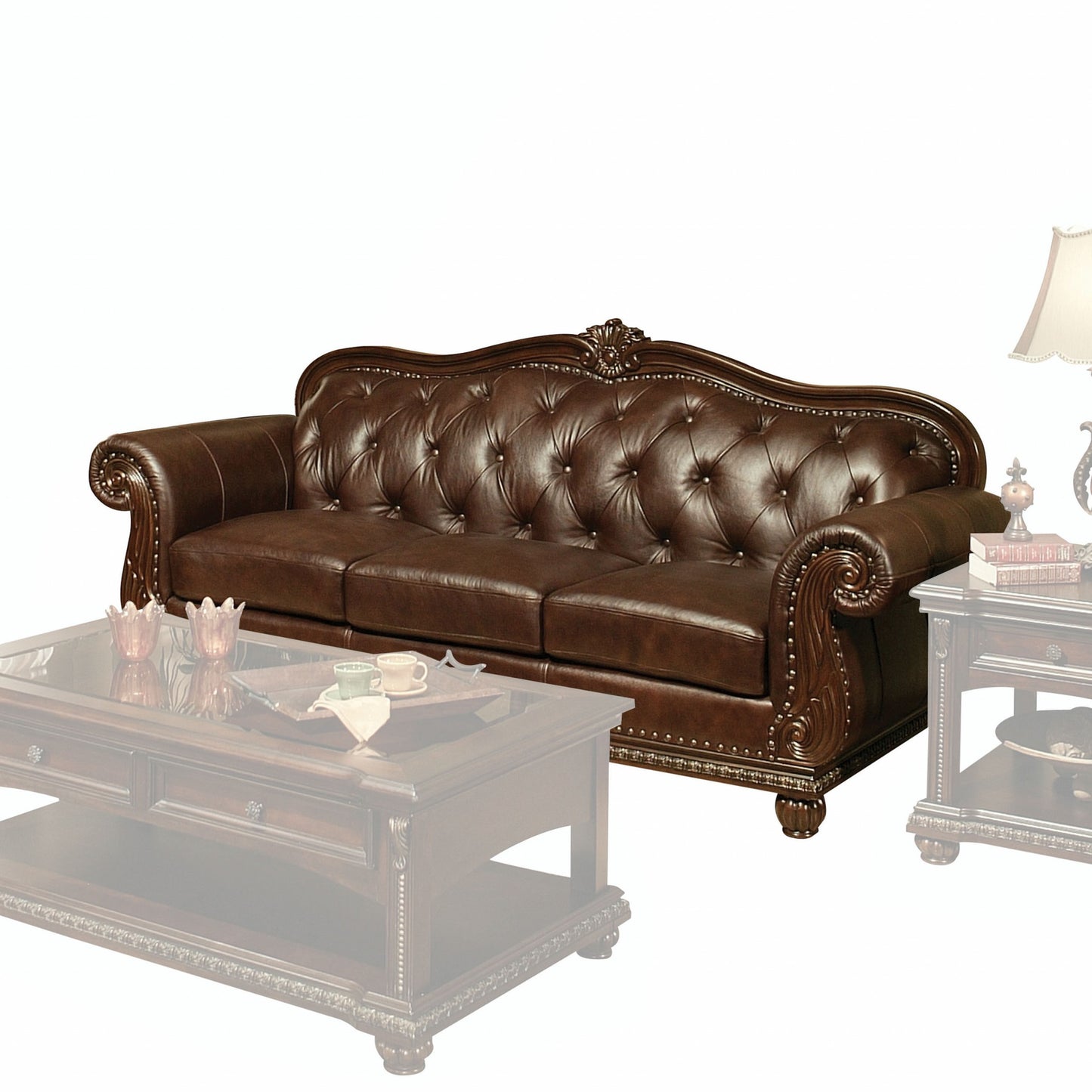 Espresso Top Grain Leather Match Upholstery Wood Sofa By Homeroots | Sofa Set | Modishstore