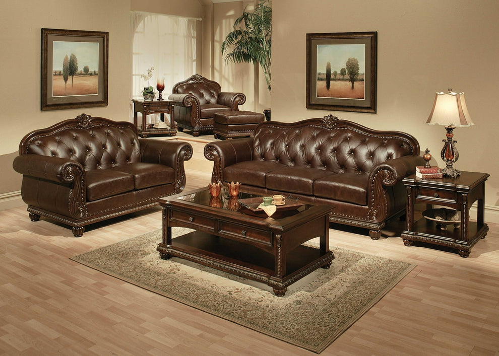 Espresso Top Grain Leather Match Upholstery Wood Sofa By Homeroots | Sofa Set | Modishstore - 2