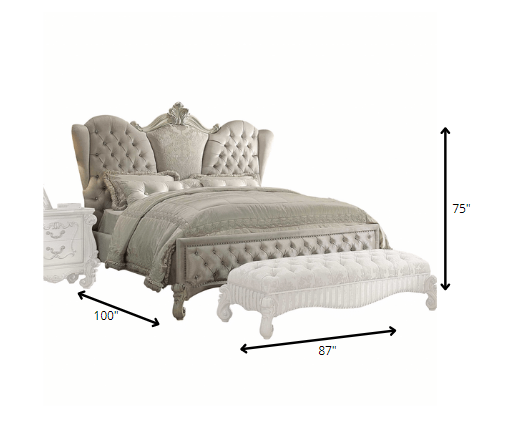 Ivory Velvet Bone White Upholstery Poly Resin California King Bed By Homeroots | Beds | Modishstore - 3