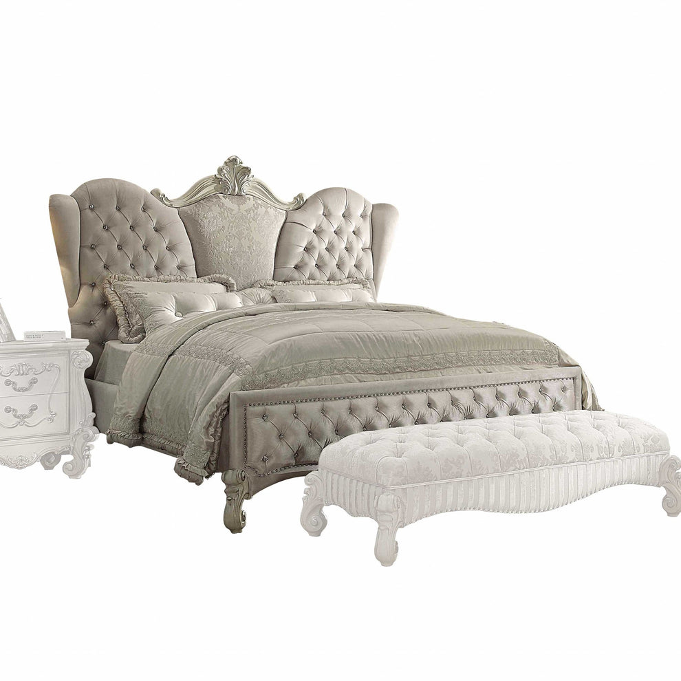 Ivory Velvet Bone White Upholstery Poly Resin Eastern King Bed By Homeroots | Beds | Modishstore - 2