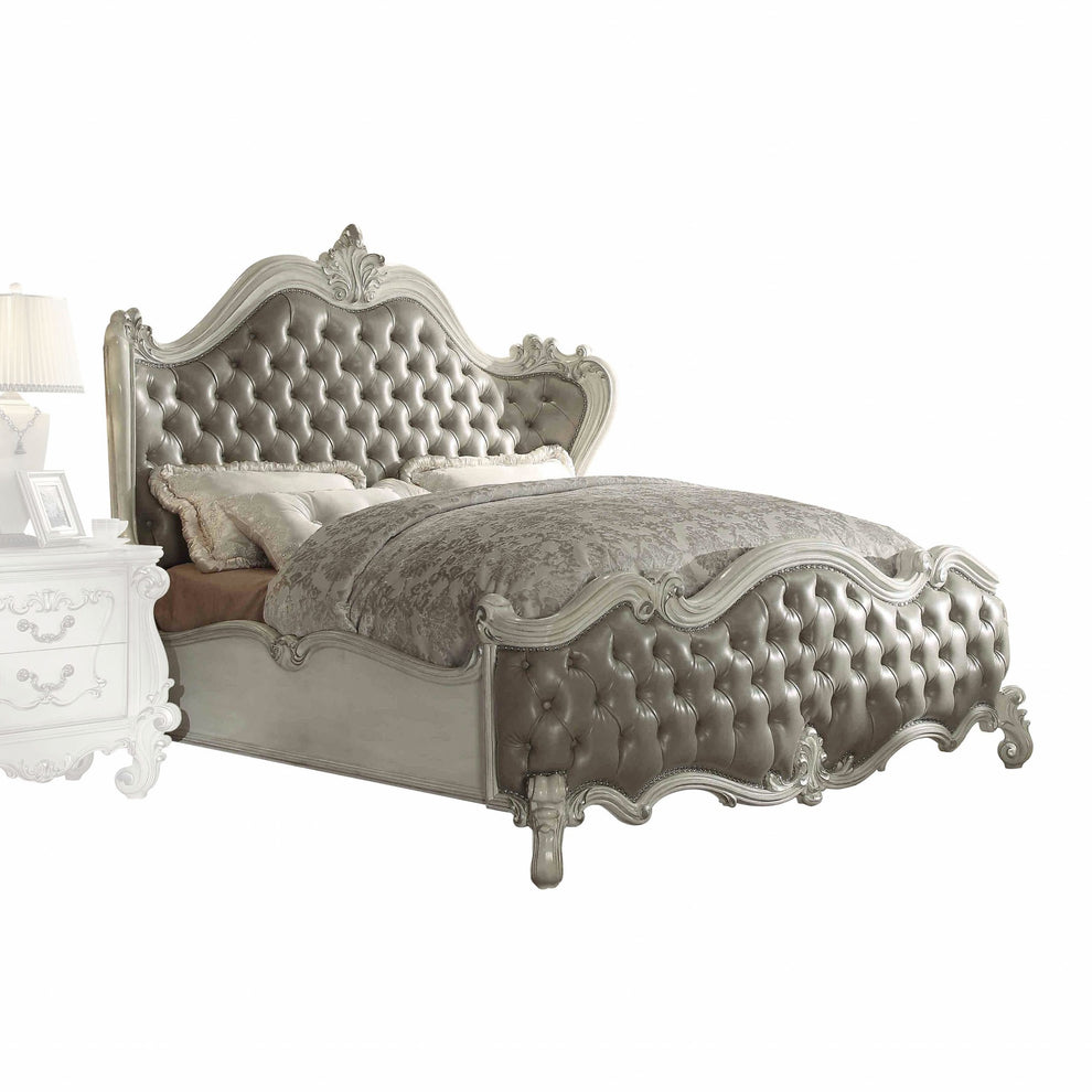 Vintage Gray Pu Bone White Wood Poly Resin Upholstery Eastern King Bed By Homeroots | Beds | Modishstore - 2
