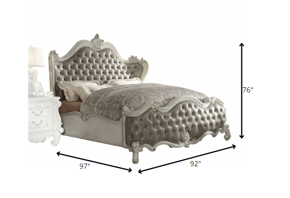 Vintage Gray Pu Bone White Wood Poly Resin Upholstery Eastern King Bed By Homeroots | Beds | Modishstore - 3
