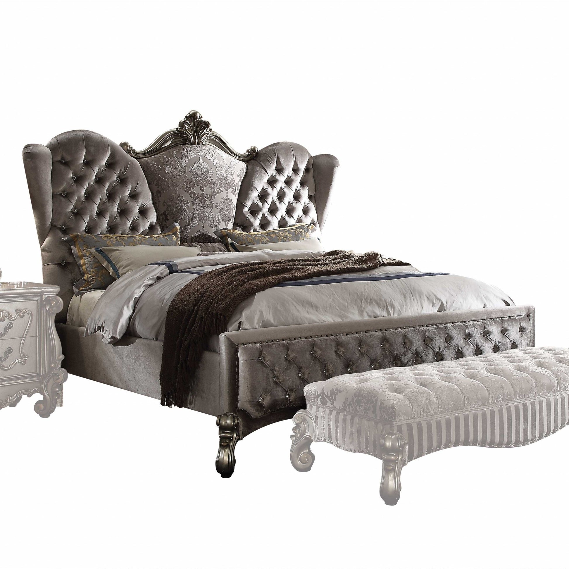 Velvet Antique Platinum Upholstery Poly Resin Queen Bed By Homeroots | Beds | Modishstore