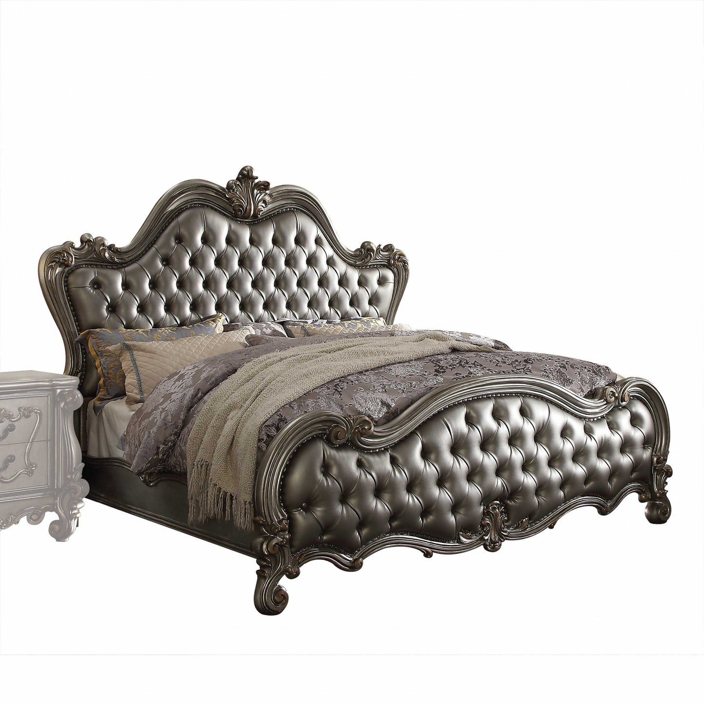 Silver Pu Antique Platinum Upholstery Poly Resin Eastern King Bed By Homeroots | Beds | Modishstore