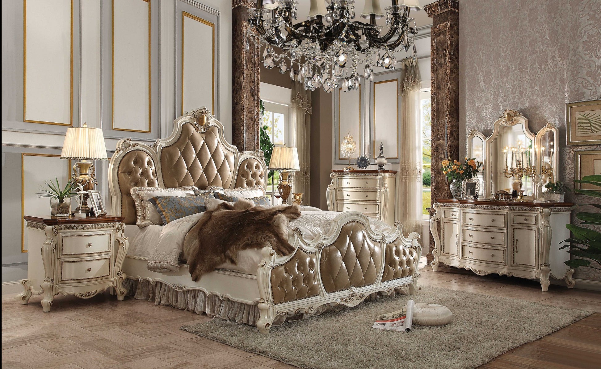 Pu Antique Pearl Wood Poly Resin Upholstery California King Bed By Homeroots | Beds | Modishstore