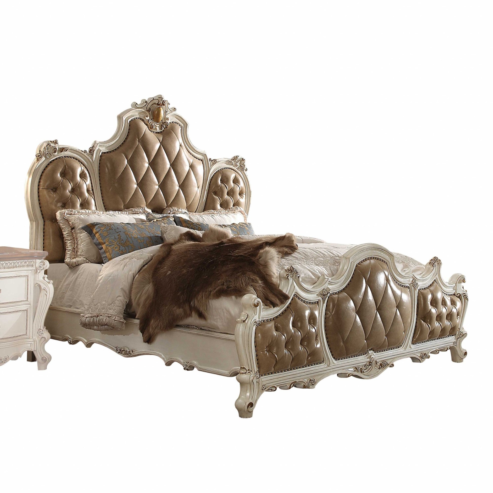 Pu Antique Pearl Wood Poly Resin Upholstery Eastern King Bed By Homeroots | Beds | Modishstore