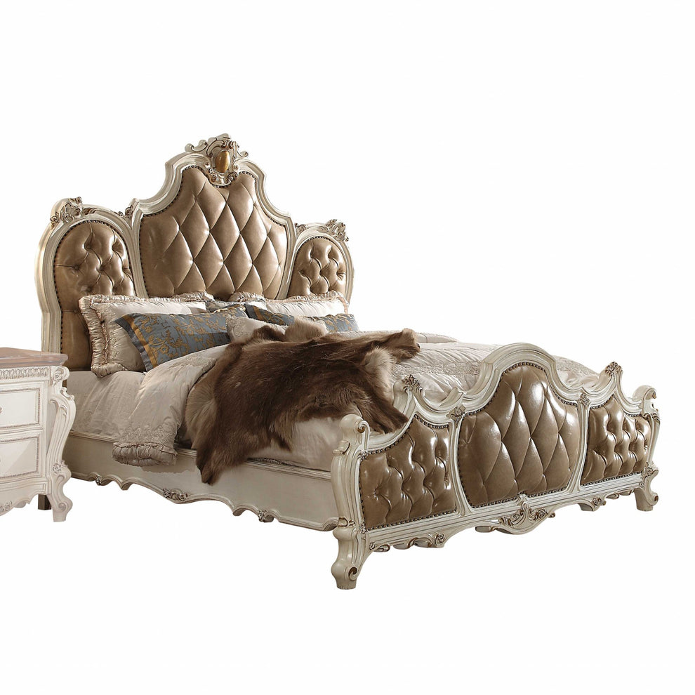 Pu Antique Pearl Wood Poly Resin Upholstery Queen Bed By Homeroots | Beds | Modishstore - 2