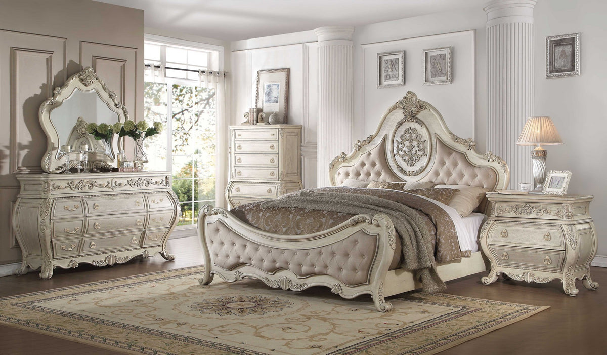 Beige Linen Antique White Wood Upholstery California King Bed By Homeroots | Beds | Modishstore